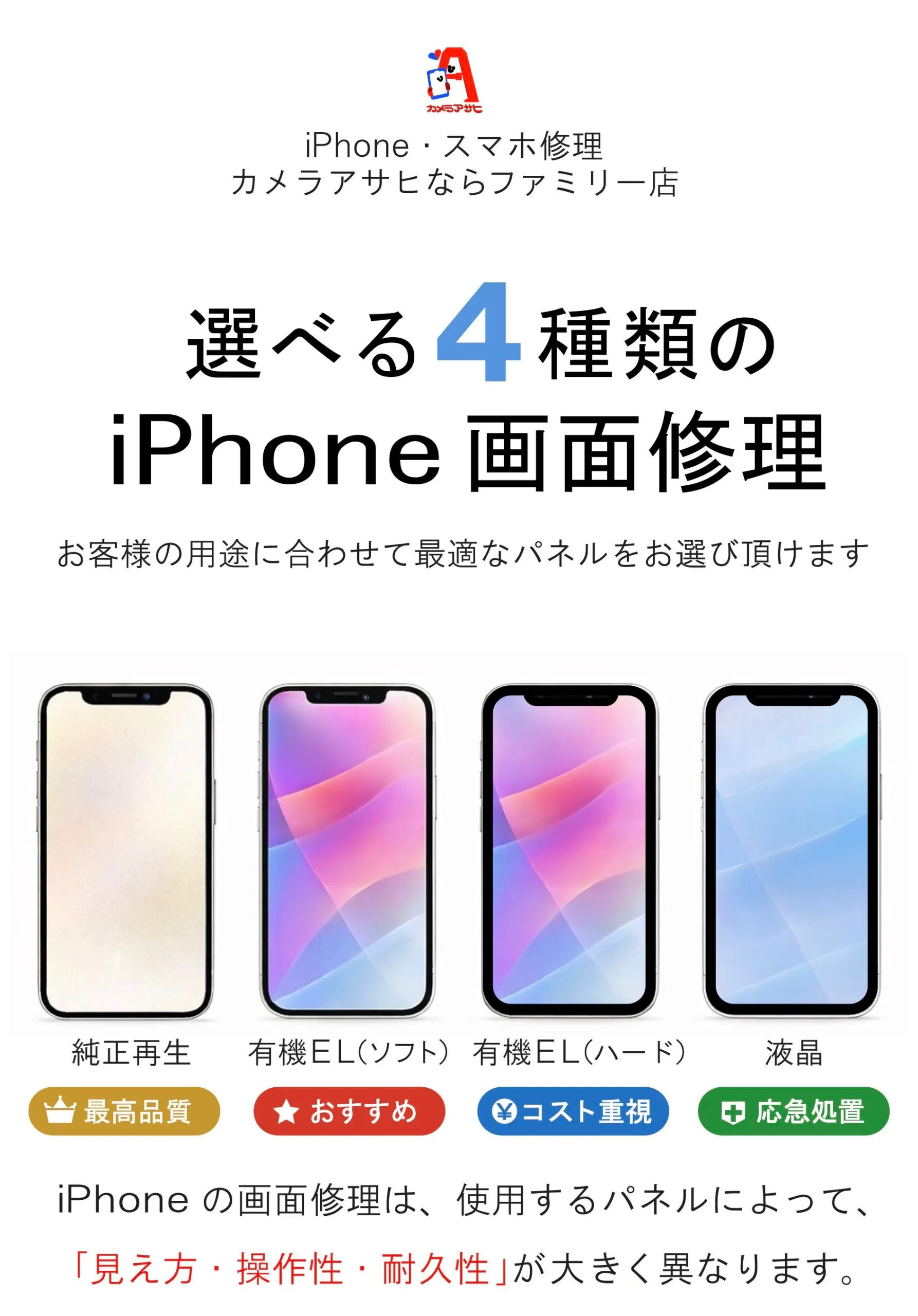 奈良でiPhone画面修理|純正再生・有機EL・液晶の4種類から選べる修理 カメラアサヒならファミリー店